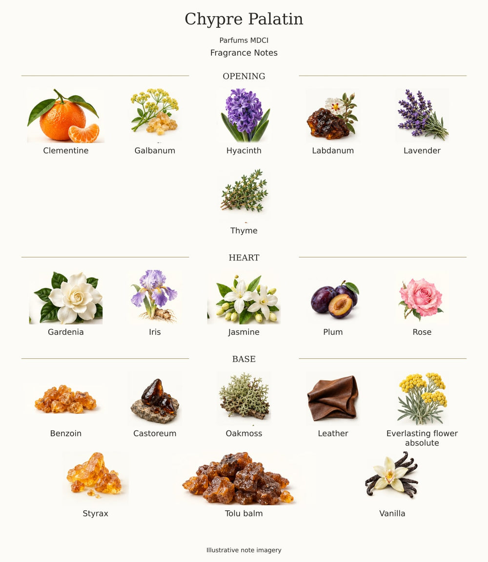 Chypre Palatin — illustrated opening, heart and base fragrance notes