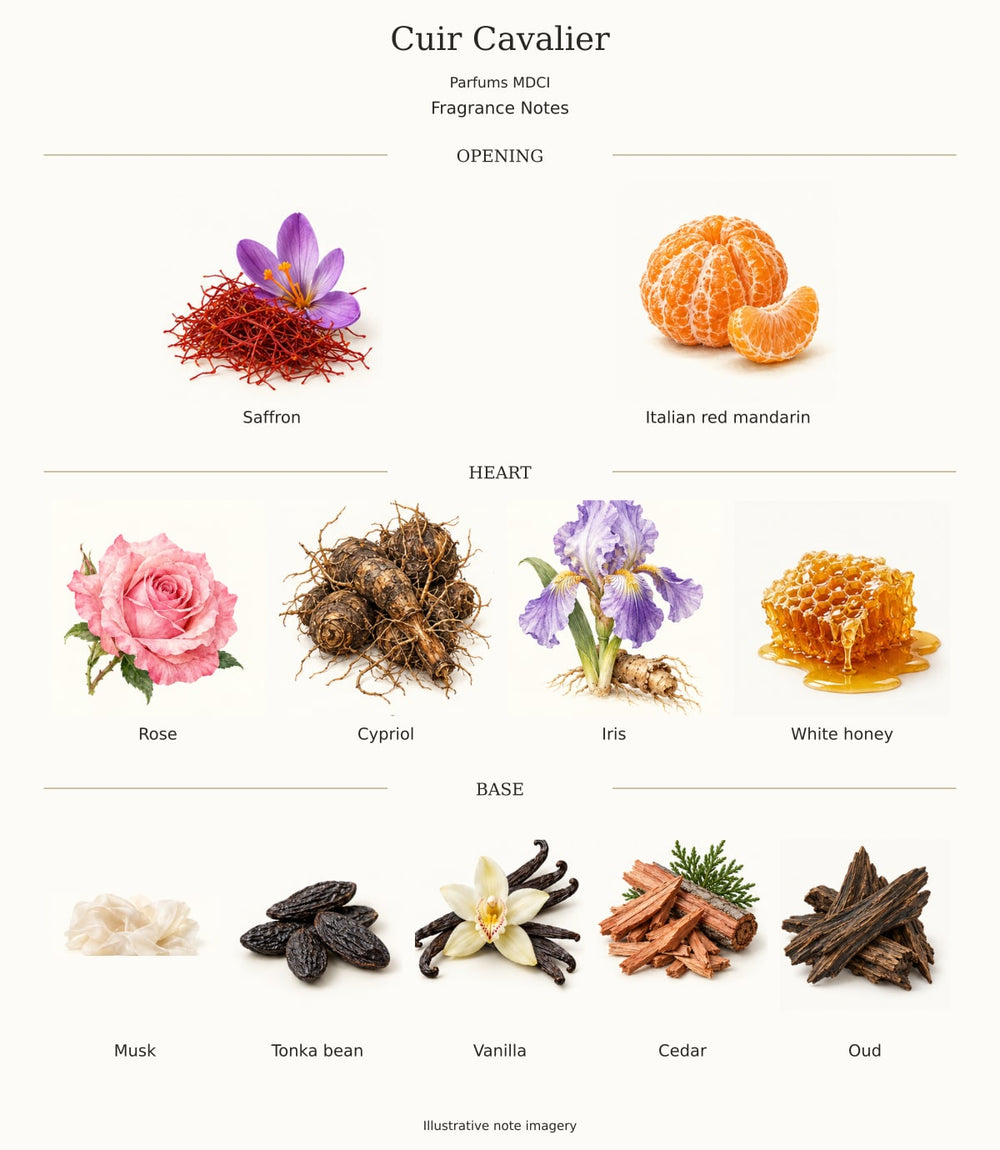 Cuir Cavalier — illustrated opening, heart and base fragrance notes