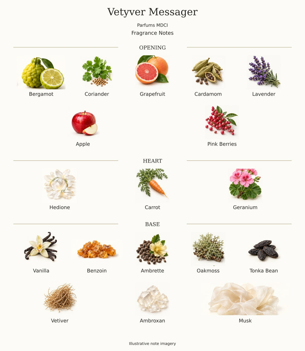 Vetyver Messager — illustrated opening, heart and base fragrance notes