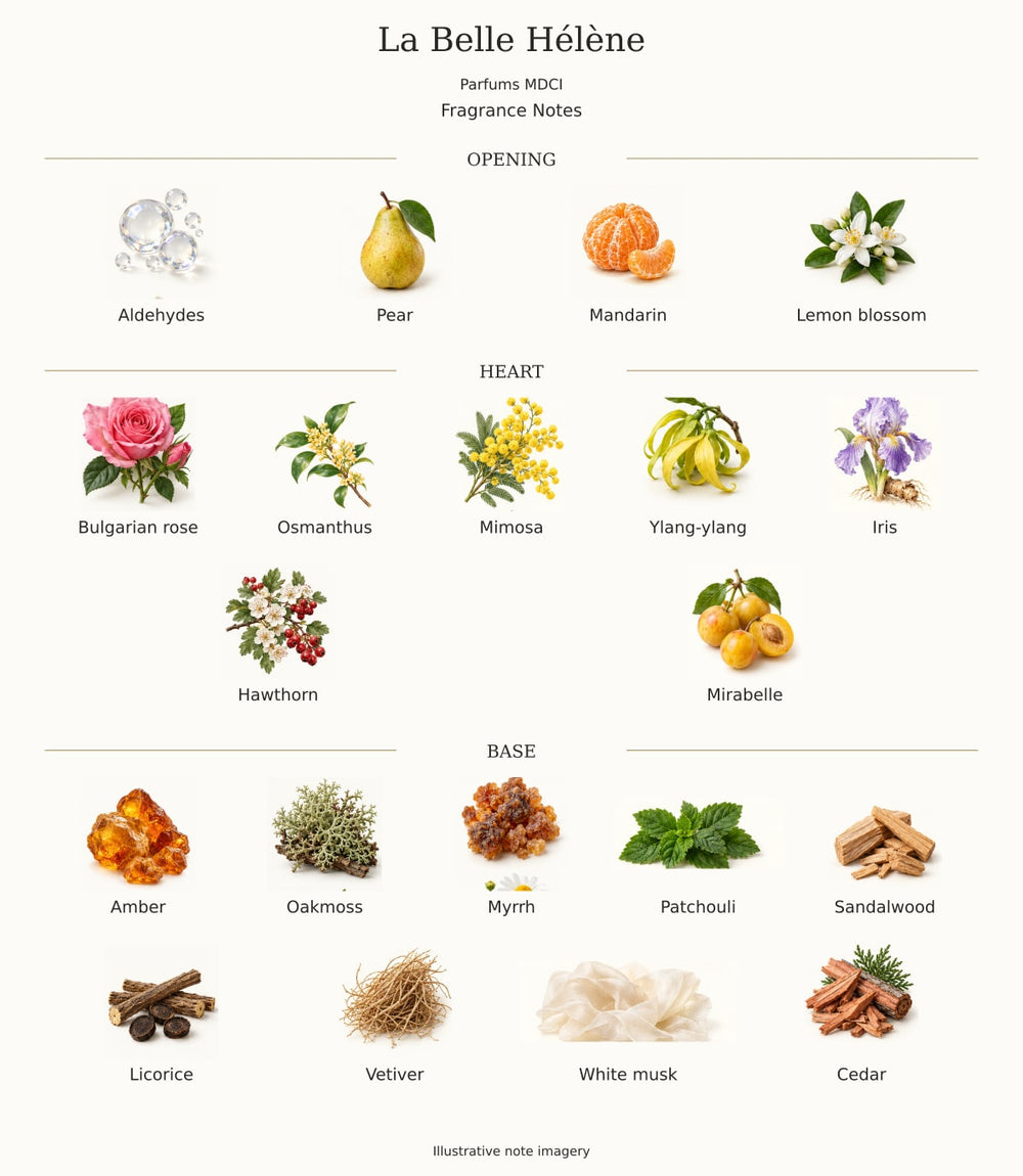 La Belle Hélène — illustrated opening, heart and base fragrance notes