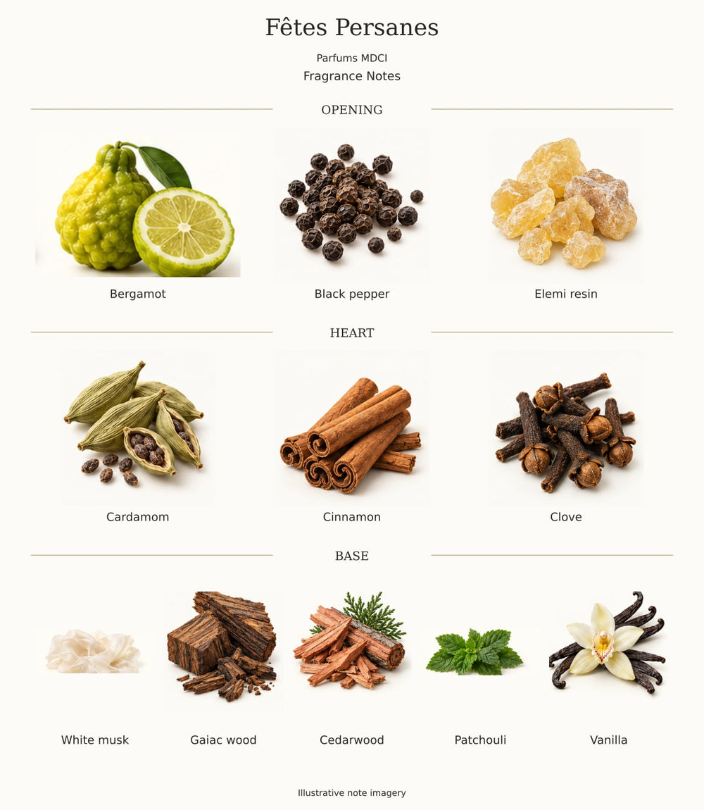 Fêtes Persanes — illustrated opening, heart and base fragrance notes