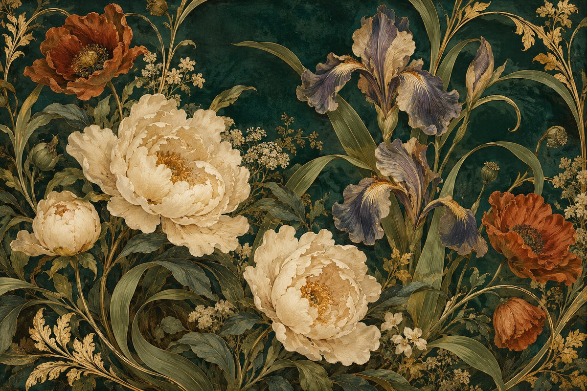 Original Art Nouveau botanical painting of iris, peonies and poppies on deep green