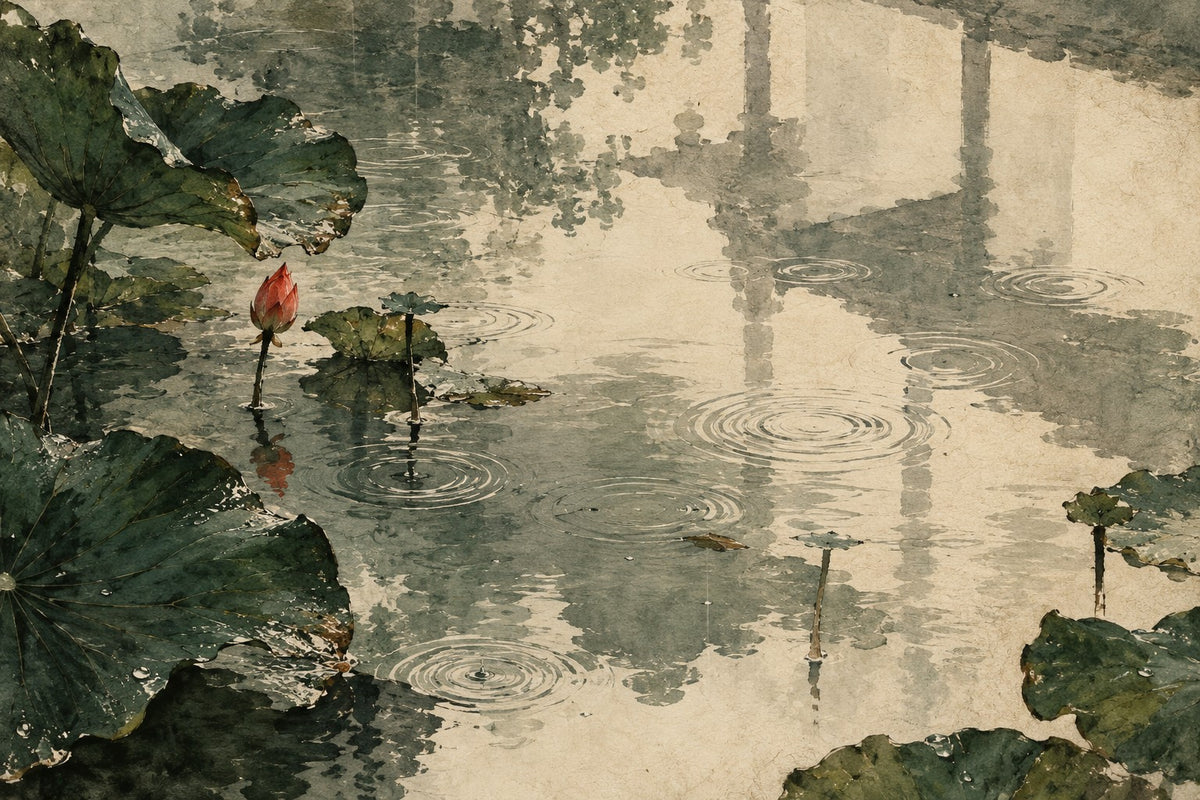 Original ink-and-pigment artwork of rain rings on a lotus pond, painted on textured rice paper