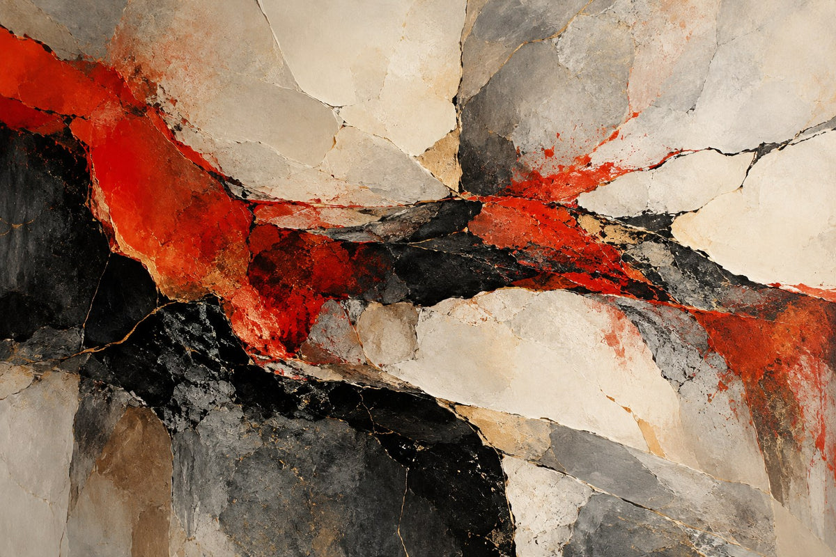 Original abstract painting of fractured pale planes and vivid vermilion pigment