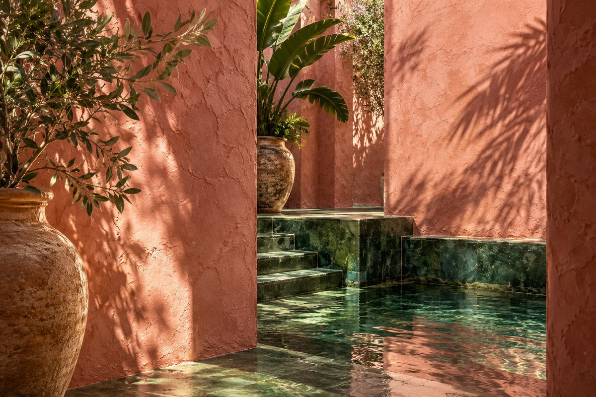 Original Marrakech painting of rose-coloured plaster and green courtyard light