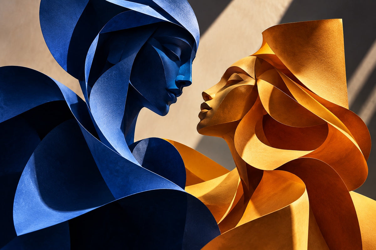 Folded cobalt and amber paper casting architectural shadows