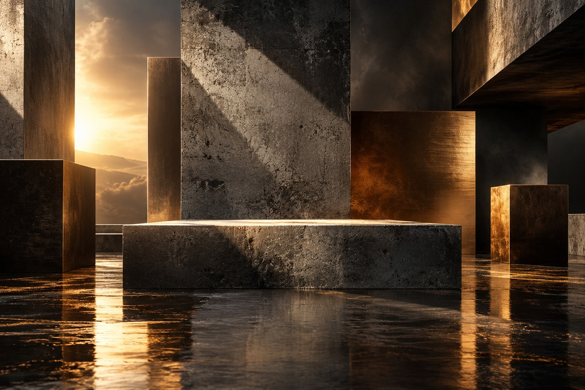 Textured concrete and metal with dark amber reflections