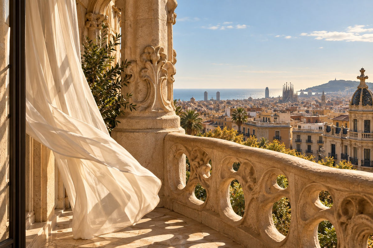 A Mediterranean balcony with cream silk and warm stone