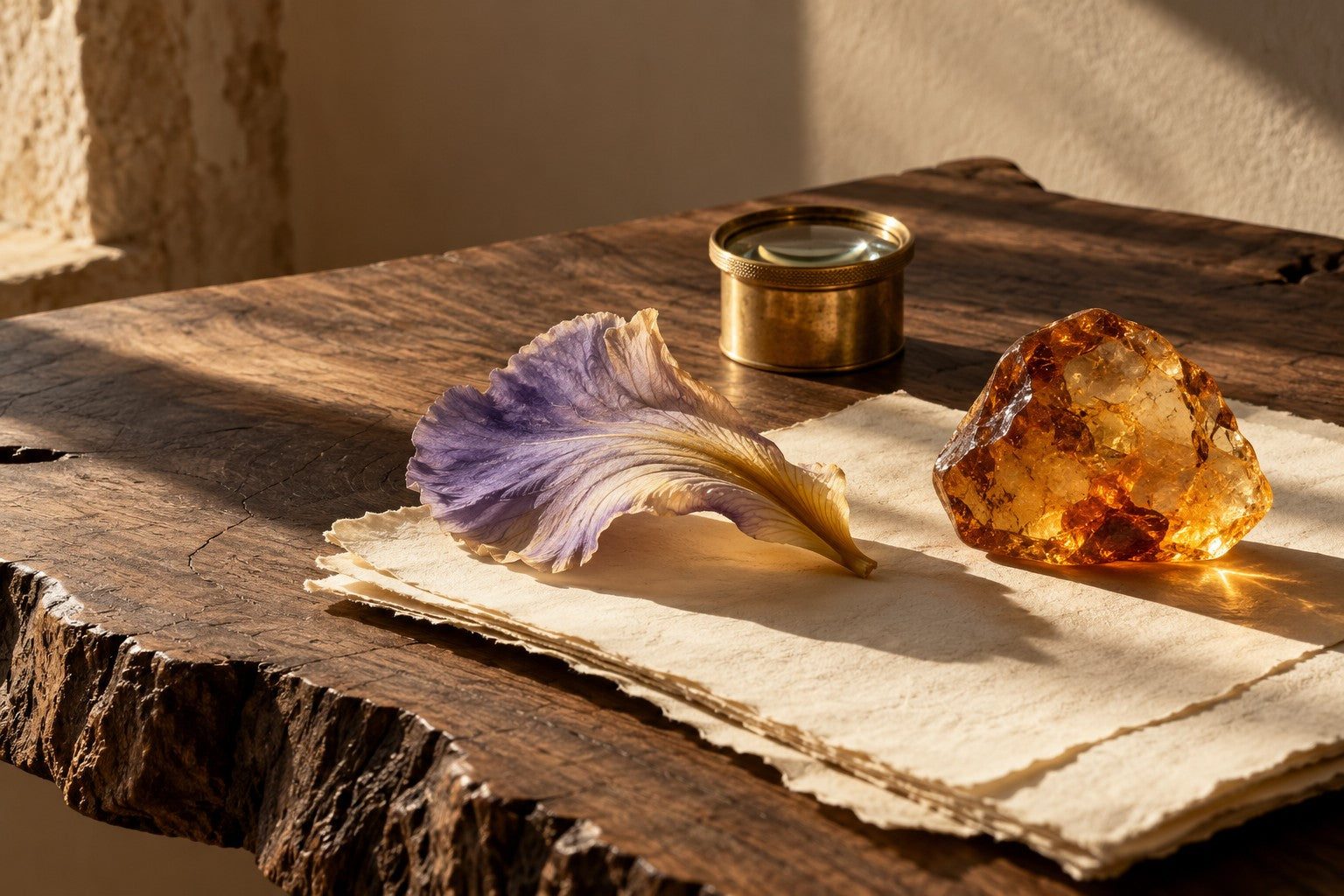 Brass lens, amber resin and iris petal arranged on ivory paper and walnut