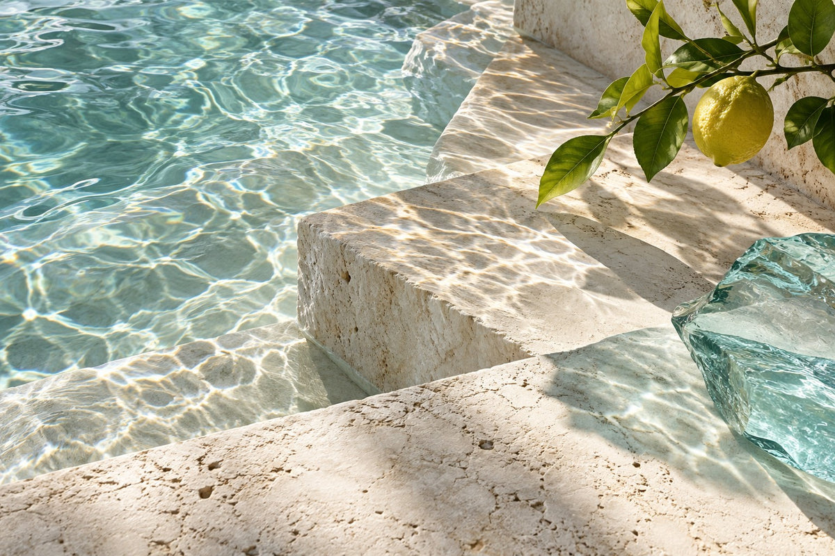 Clear water reflections across ivory limestone with a bergamot twig and translucent sea glass
