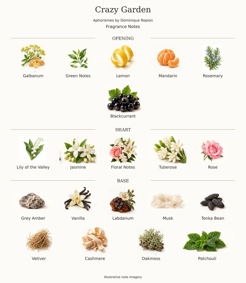Crazy Garden — complete opening, heart and base fragrance notes; illustrative imagery