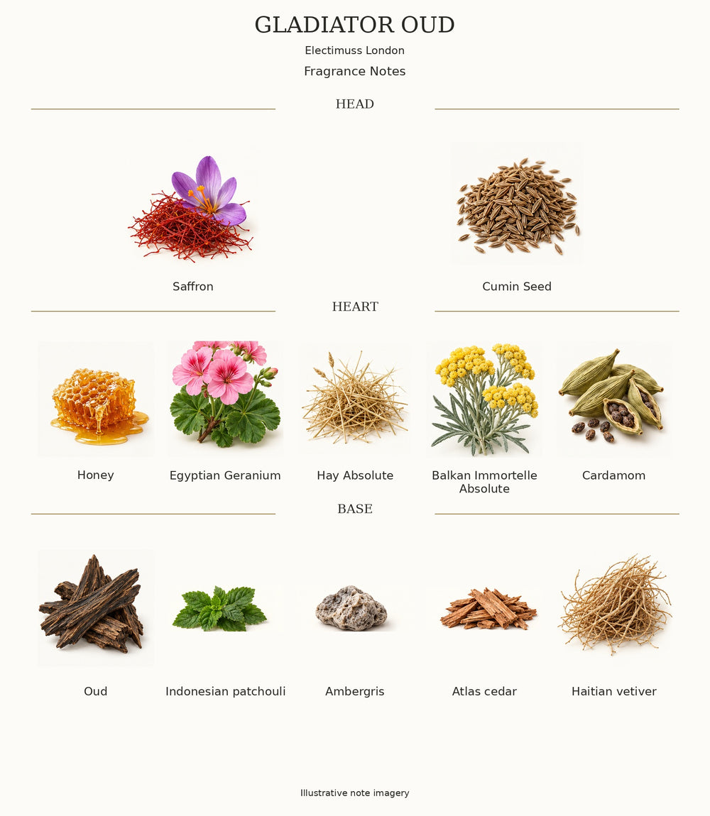 GLADIATOR OUD by Electimuss London — complete fragrance notes