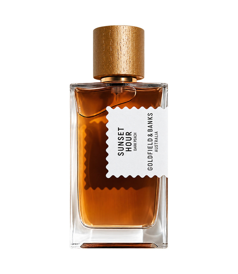 Goldfield & Banks sunset hour dark peach — authentic full perfume bottle on pure white