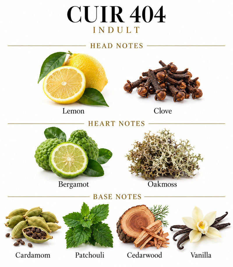Complete Cuir 404 note pyramid: lemon, clove; bergamot, oakmoss; cardamom, patchouli, cedarwood and vanilla.