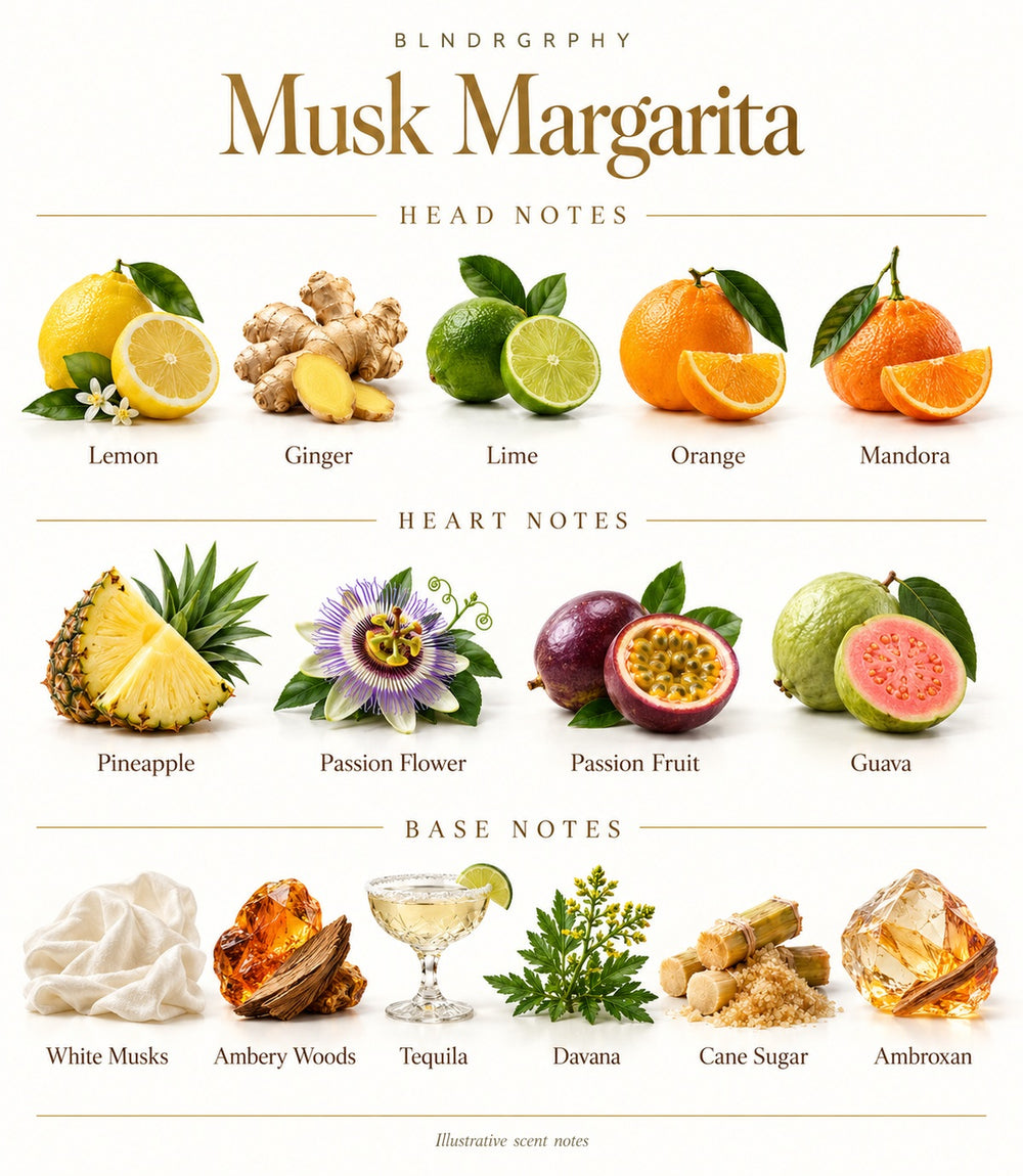 Musk Margarita — complete head, heart and base notes; illustrative scent imagery