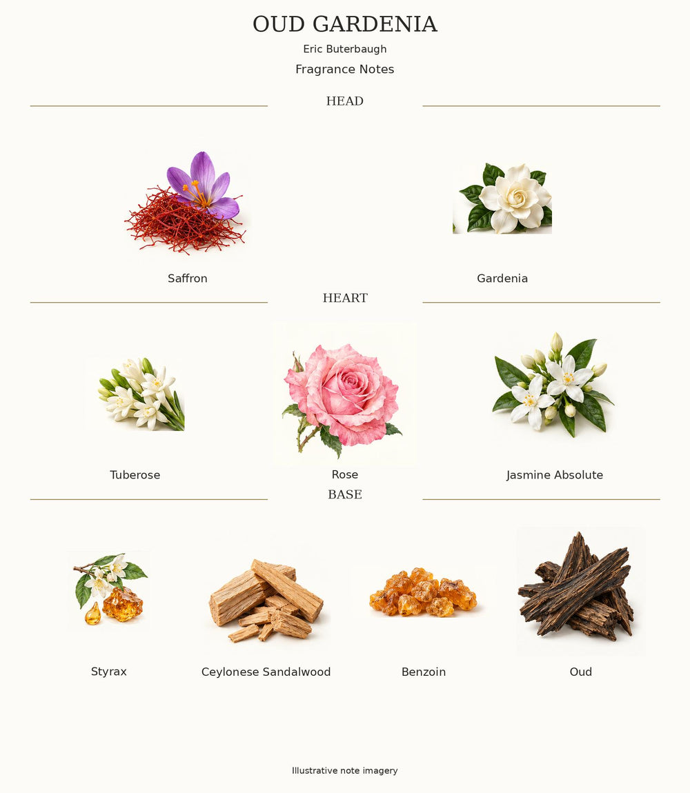 OUD GARDENIA — complete illustrated fragrance notes
