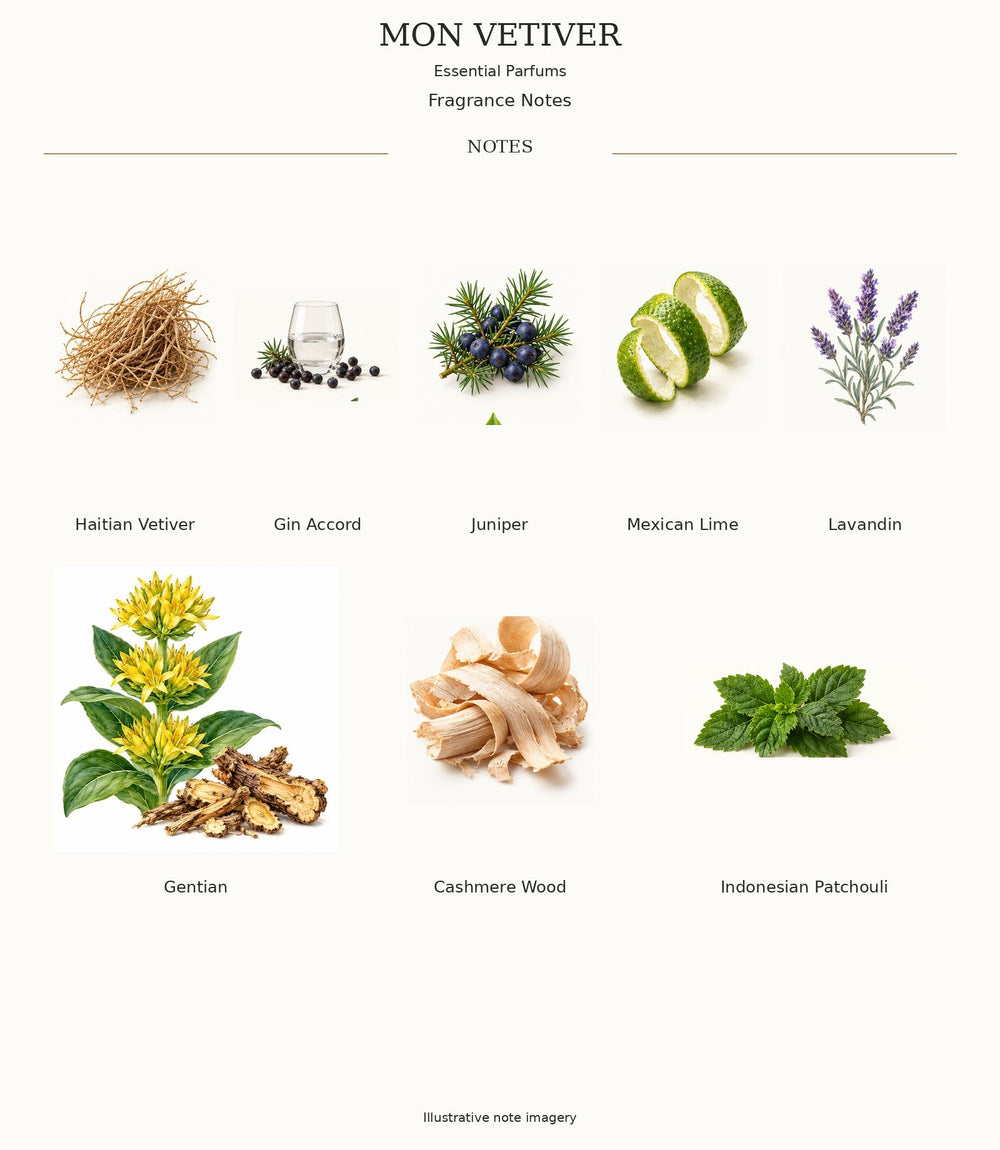 MON VETIVER — complete illustrated fragrance notes
