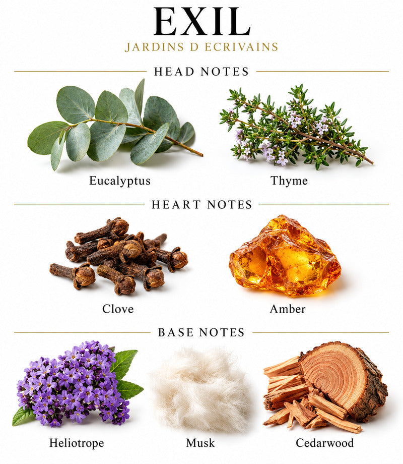 Exil by Jardins d’Écrivains complete illustrated fragrance notes