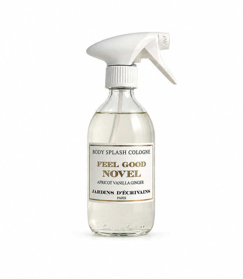 Splash Cologne Feel Good Novel by Jardins d’Écrivains original bottle, full and centered on a pure white background