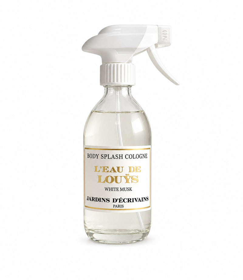 Splash Cologne Louys by Jardins d’Écrivains original bottle, full and centered on a pure white background