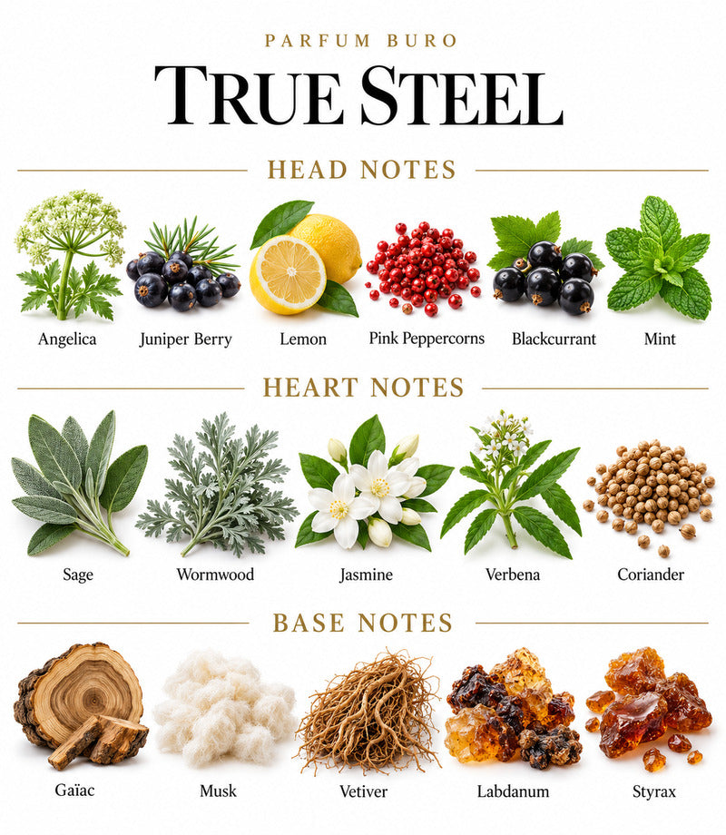 TRUEE STEEL by PARFUM BURO complete illustrated fragrance notes