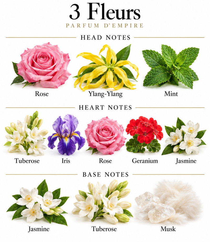 3 Fleurs by PARFUM D'EMPIRE complete illustrated fragrance notes