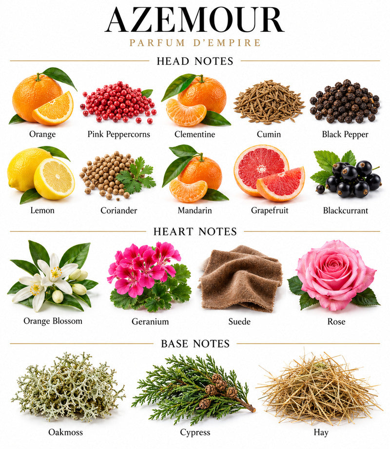 AZEMOUR by PARFUM D'EMPIRE complete illustrated fragrance notes