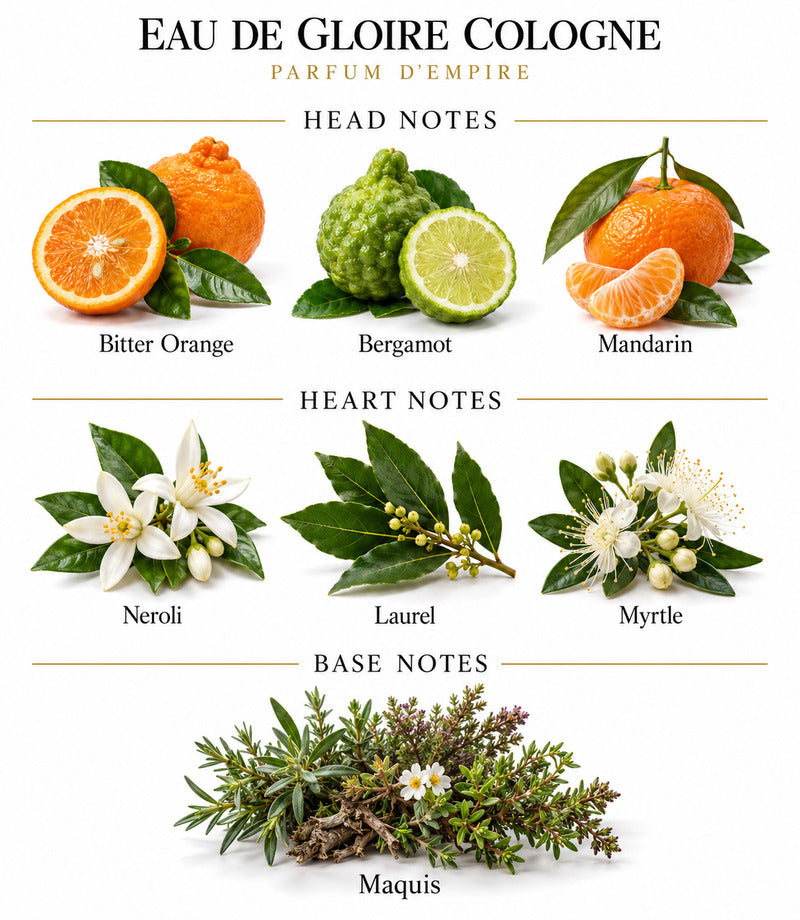 EAU DE GLOIRE COLOGNE by PARFUM D'EMPIRE complete illustrated fragrance notes