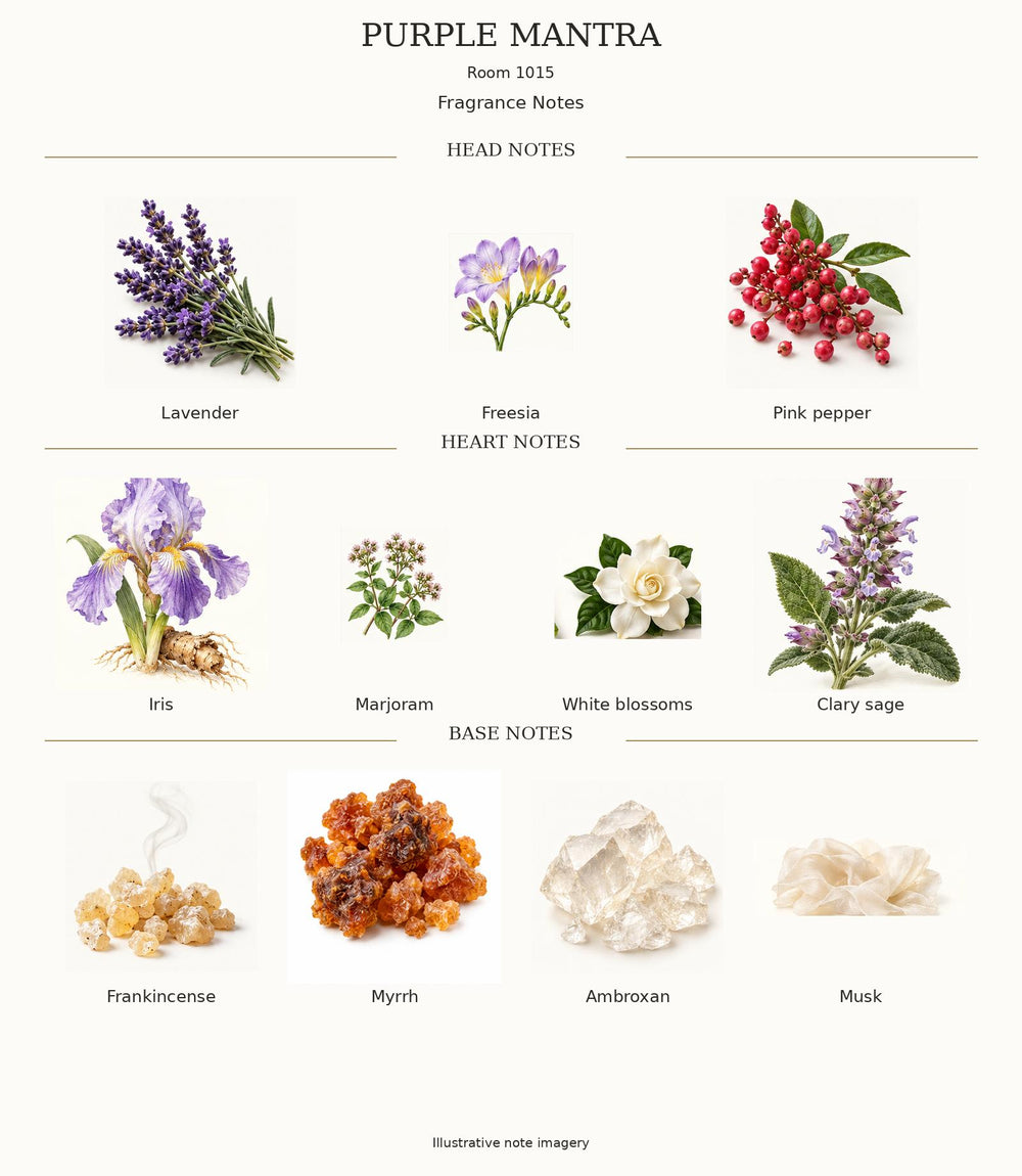 Purple Mantra complete illustrated opening, heart and base fragrance notes
