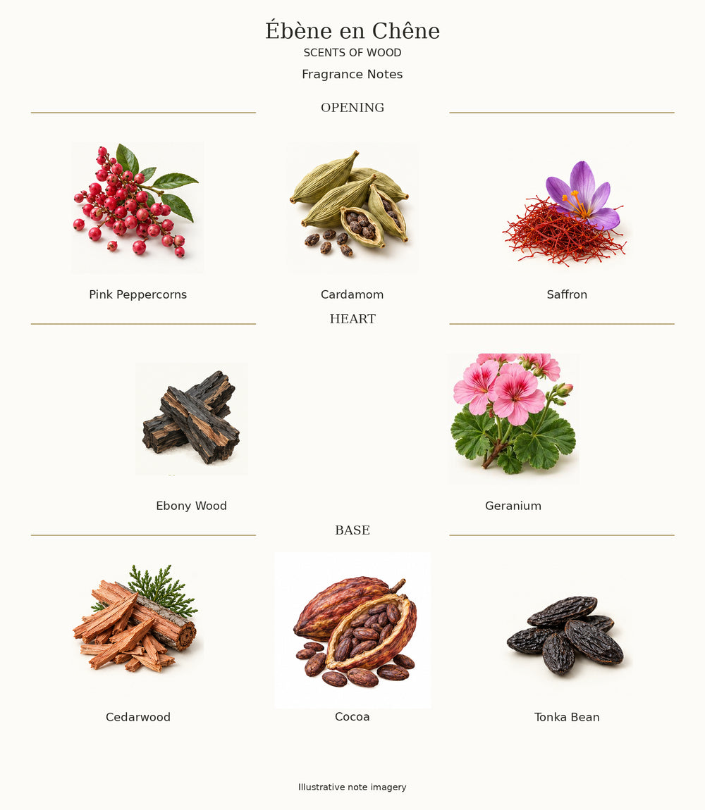 Complete fragrance notes for Ébène en Chêne: Opening: Pink Peppercorns, Cardamom, Saffron; Heart: Ebony Wood, Geranium; Base: Cedarwood, Cocoa, Tonka Bean