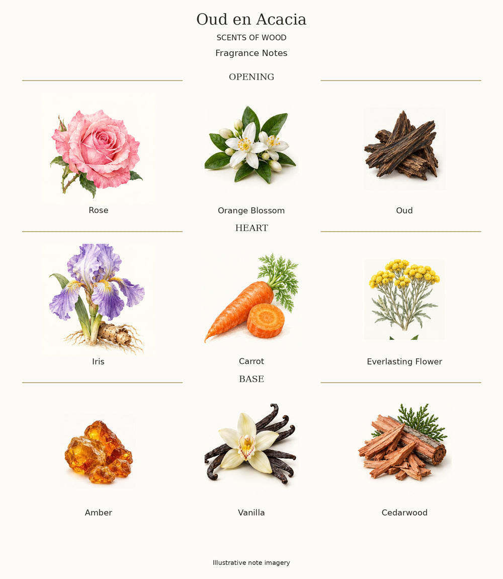 Complete fragrance notes for Oud en Acacia: Opening: Rose, Orange Blossom, Oud; Heart: Iris, Carrot, Everlasting Flower; Base: Amber, Vanilla, Cedarwood