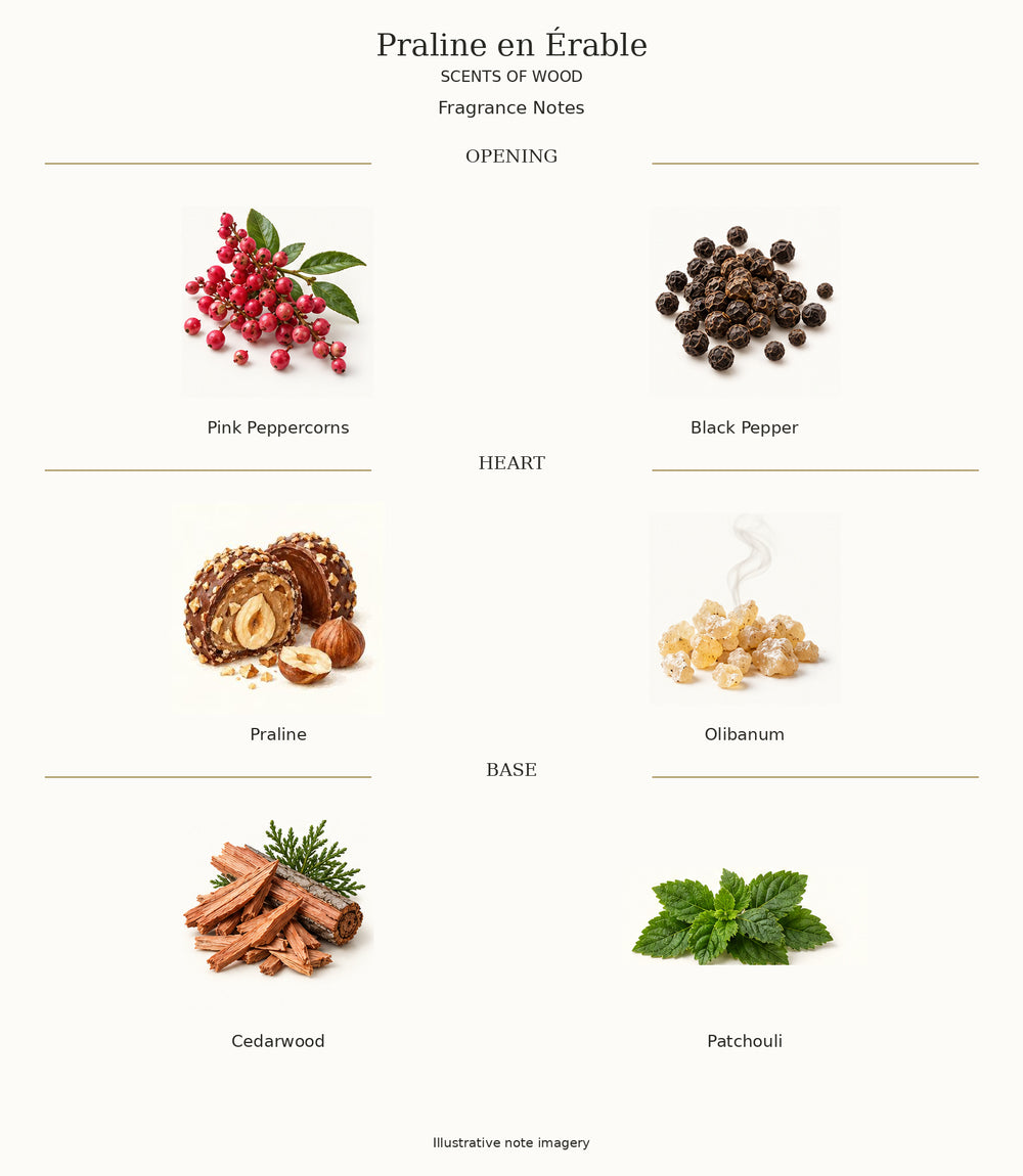 Complete fragrance notes for Praline en Érable: Opening: Pink Peppercorns, Black Pepper; Heart: Praline, Olibanum; Base: Cedarwood, Patchouli