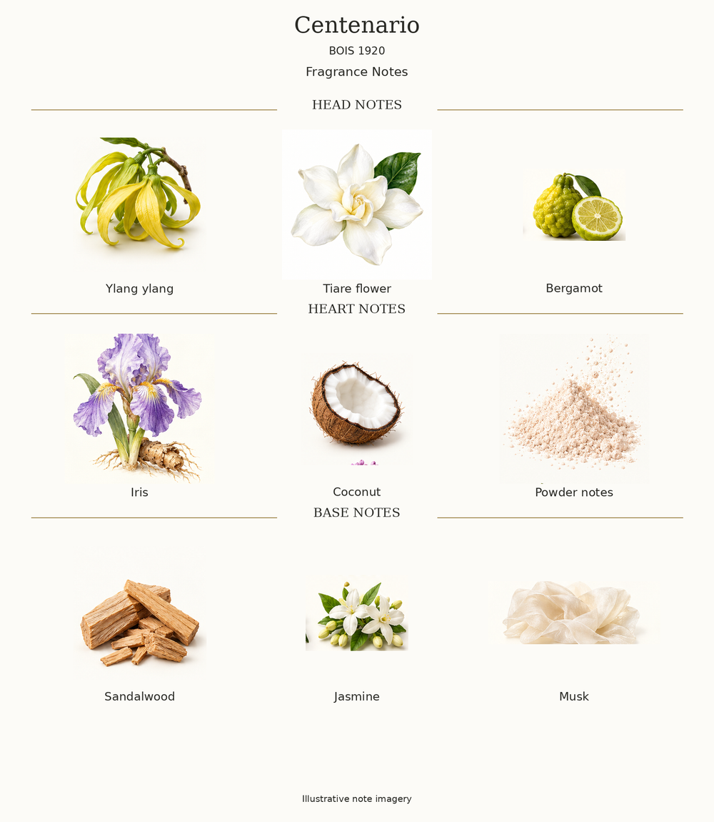 Centenario: complete opening, heart and base fragrance notes