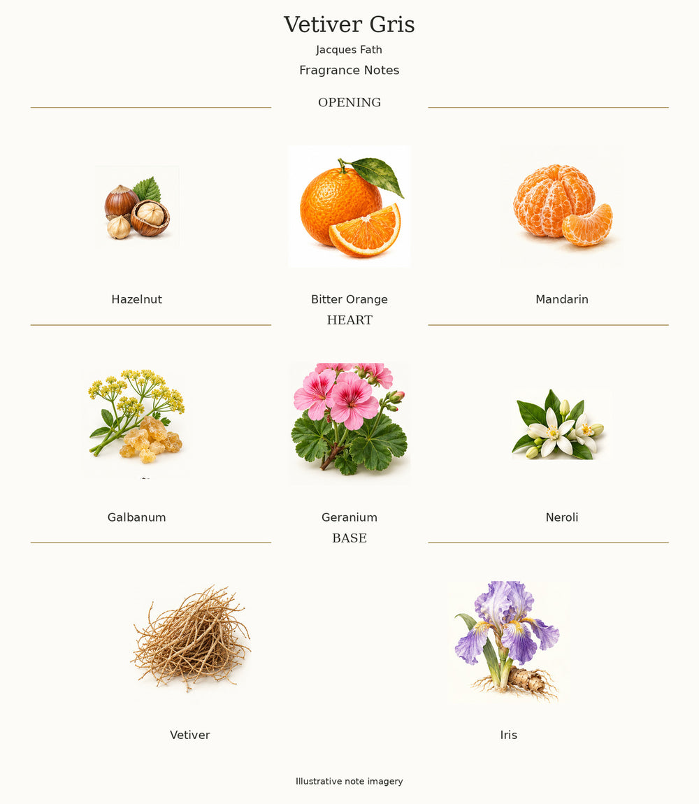 Vetiver Gris by Jacques Fath — illustrated fragrance notes: opening, heart and base.