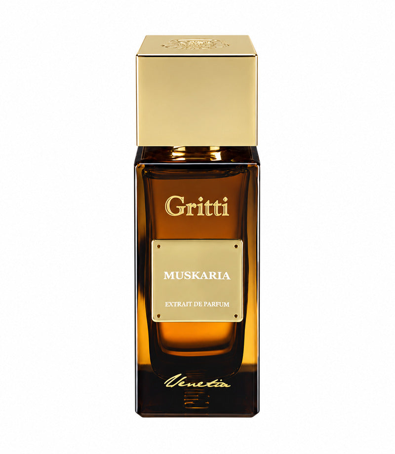 Gritti Muskaria authentic full perfume bottle, centered on pure white