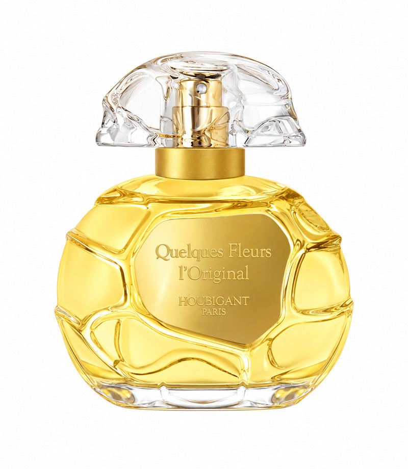 Houbigant Quelques Fleurs L’Original authentic full perfume bottle, centered on pure white