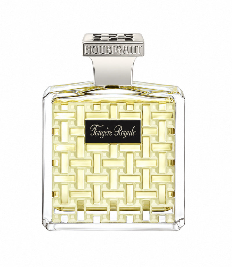 Houbigant Fougère Royale authentic full perfume bottle, centered on pure white