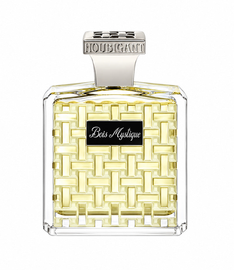 Houbigant Bois Mystique authentic full perfume bottle, centered on pure white