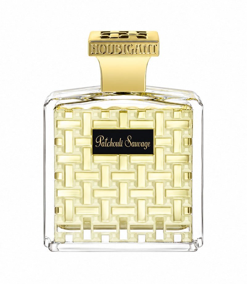 Houbigant Patchouli Sauvage authentic full perfume bottle, centered on pure white