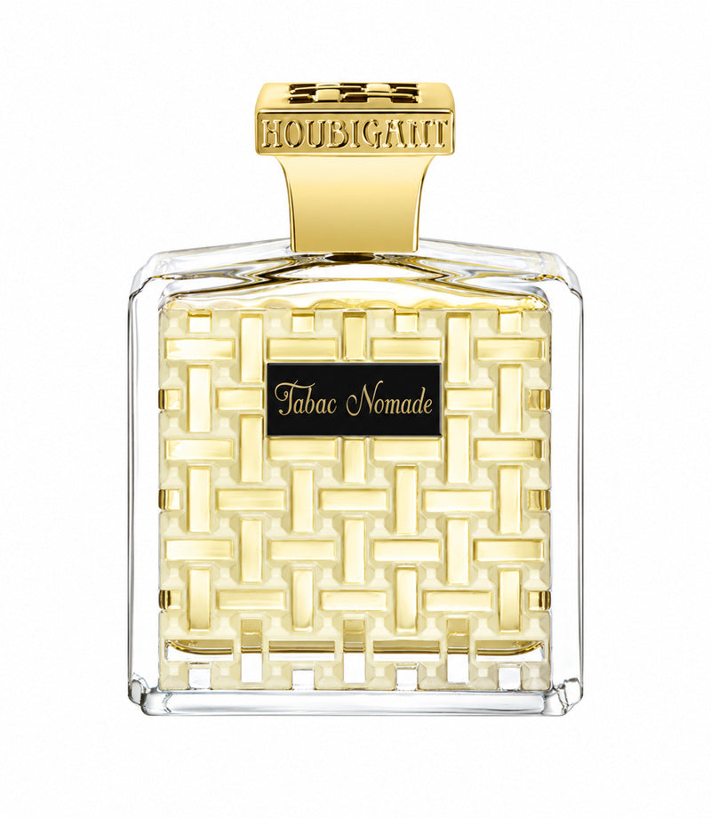 Houbigant Tabac Nomade authentic full perfume bottle, centered on pure white