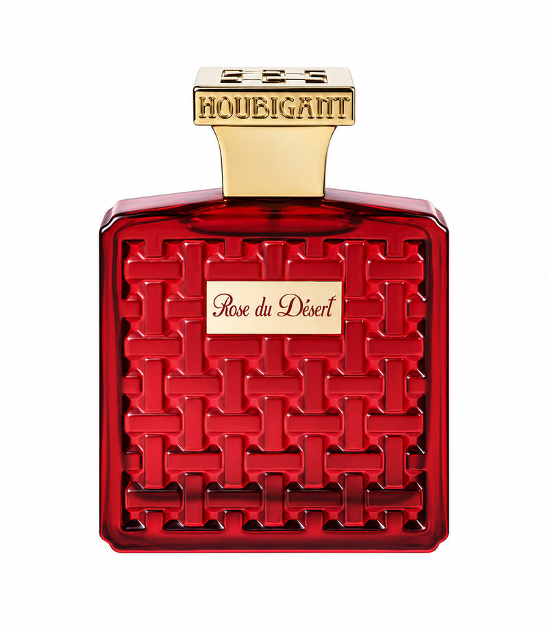 Houbigant Rose du Désert authentic full perfume bottle, centered on pure white