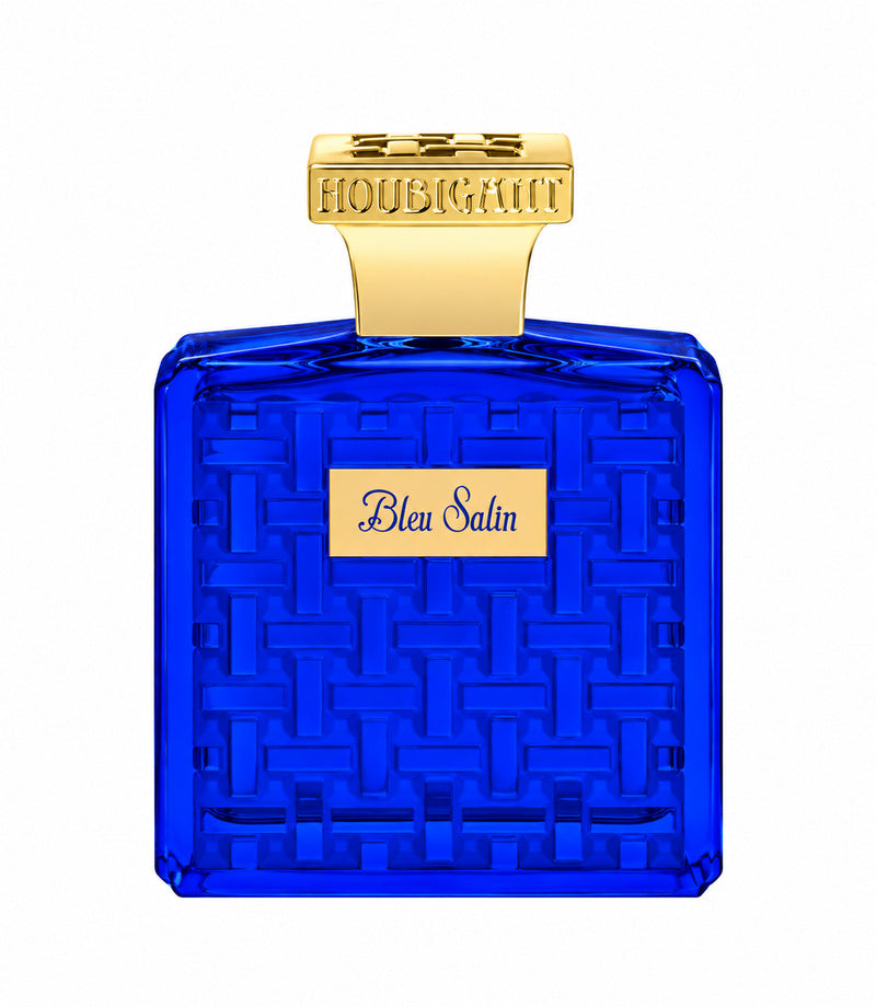 Houbigant Bleu Salin authentic full perfume bottle, centered on pure white
