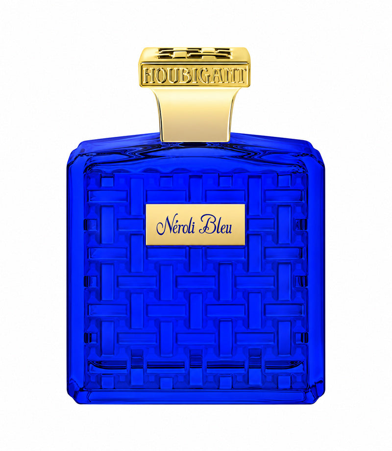 Houbigant Néroli Bleu authentic full perfume bottle, centered on pure white