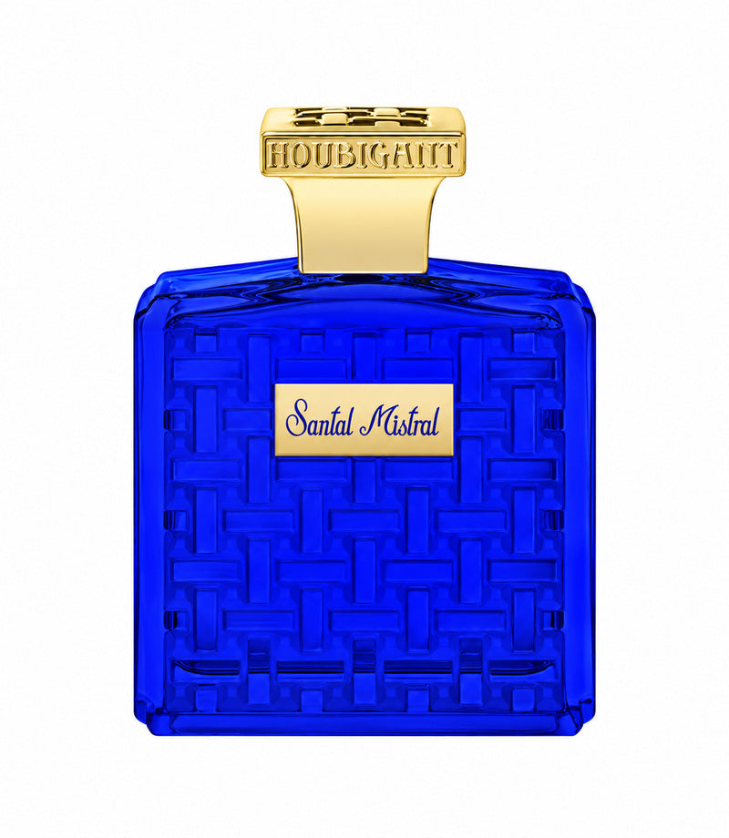 Houbigant Santal Mistral authentic full perfume bottle, centered on pure white