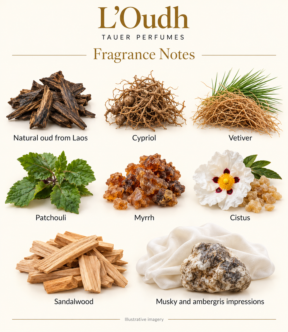 L’Oudh by Tauer Perfumes — illustrated fragrance notes