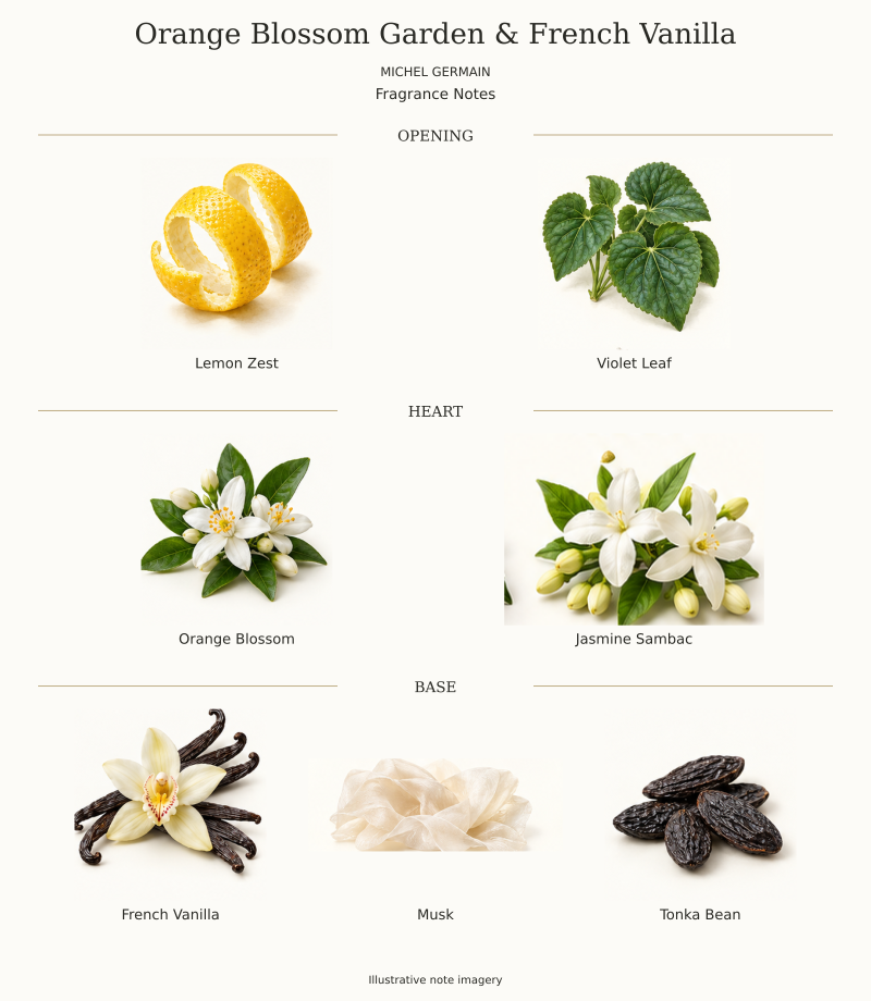 Michel Germain ORANGE BLOSSOM GARDEN & FRENCH VANILLA verified fragrance notes: opening, heart and base