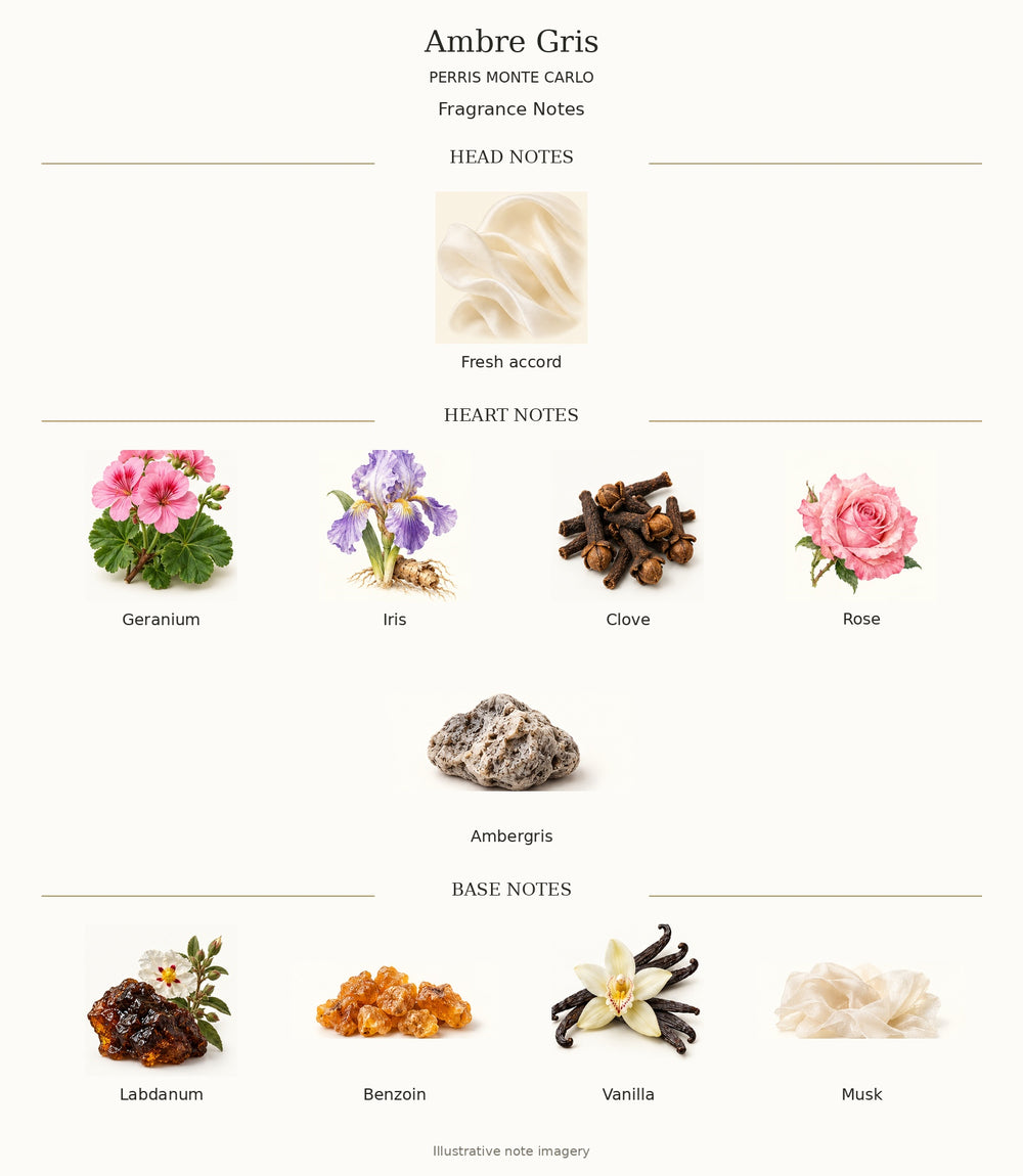 Perris Monte Carlo Ambre Gris complete head, heart and base notes — illustrative ingredient chart