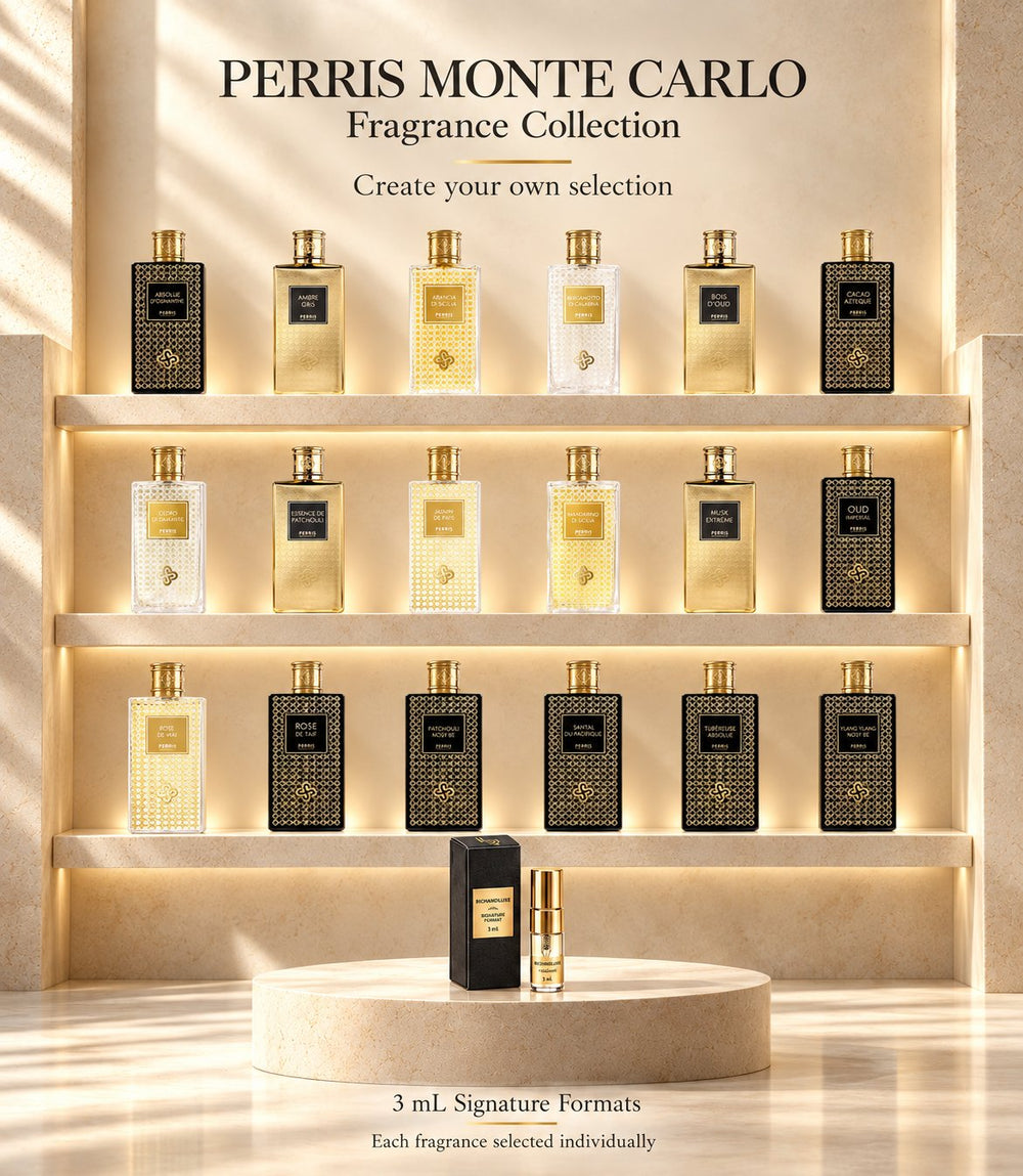 Perris Monte Carlo fragrance library with eighteen offered original bottle designs on illuminated ivory shelves and one individually boxed RichandLuxe 3 mL Signature Format; each fragrance selected individually