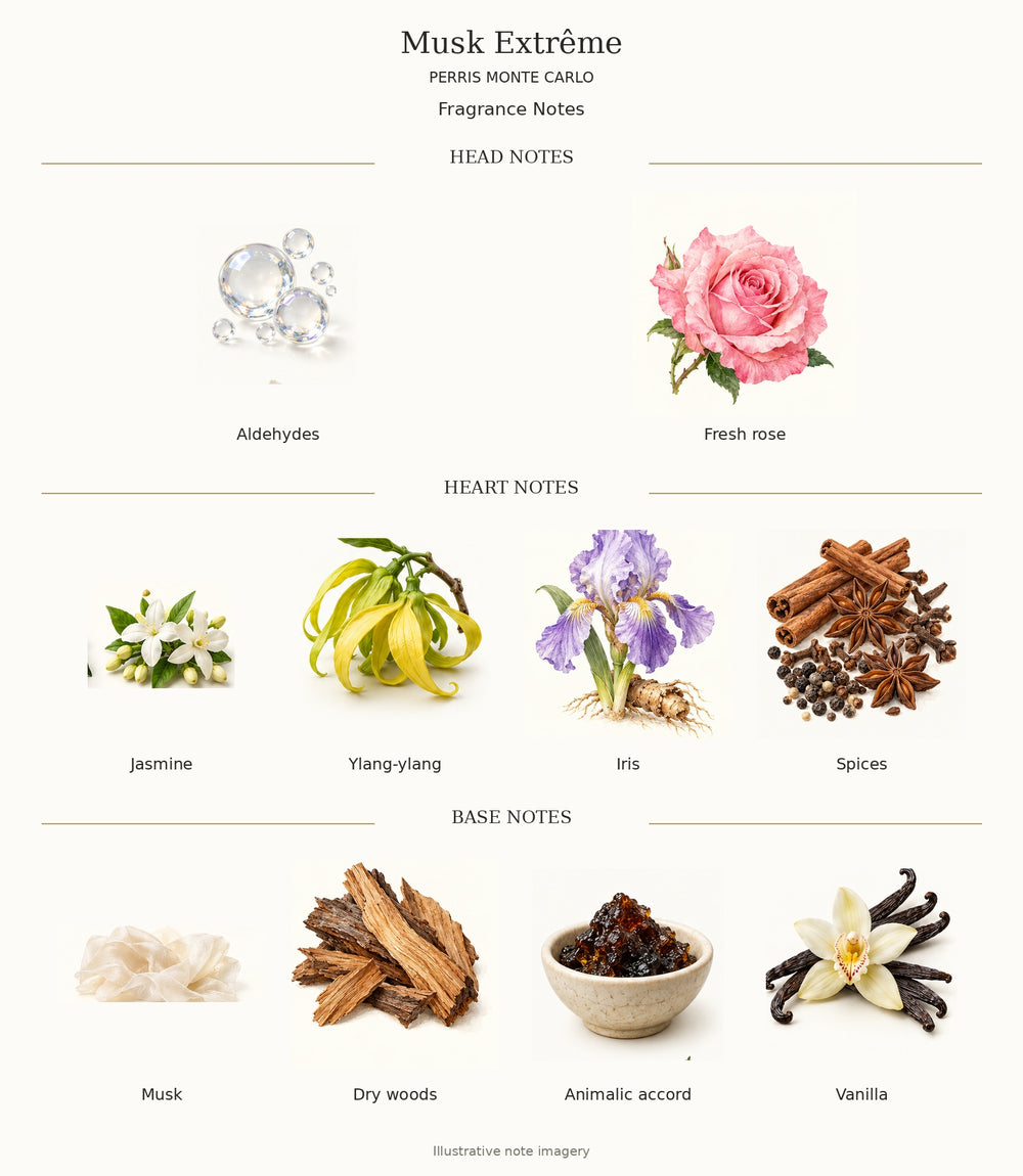 Perris Monte Carlo Musk Extrême complete head, heart and base notes — illustrative ingredient chart