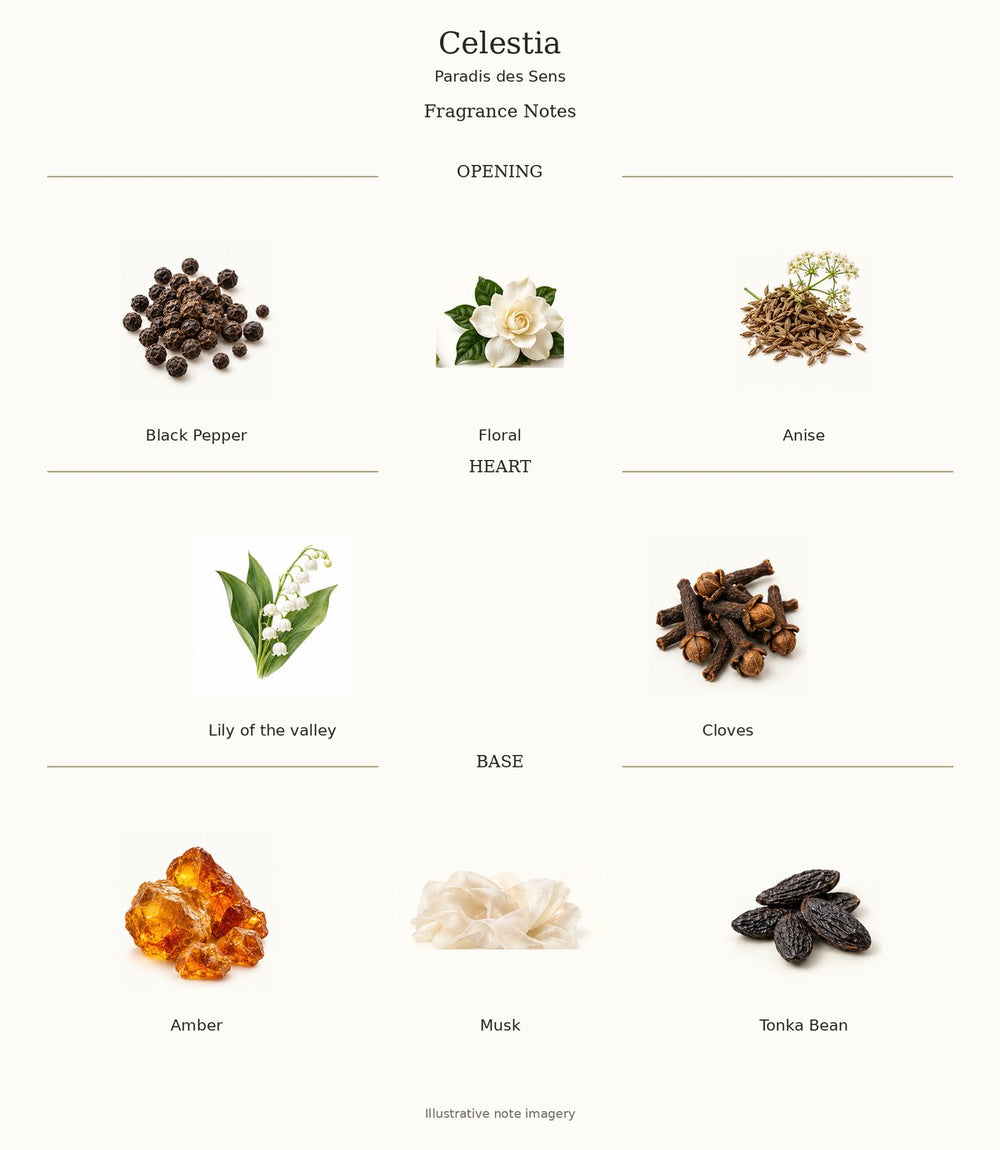 Celestia — complete verified fragrance notes with illustrative material imagery